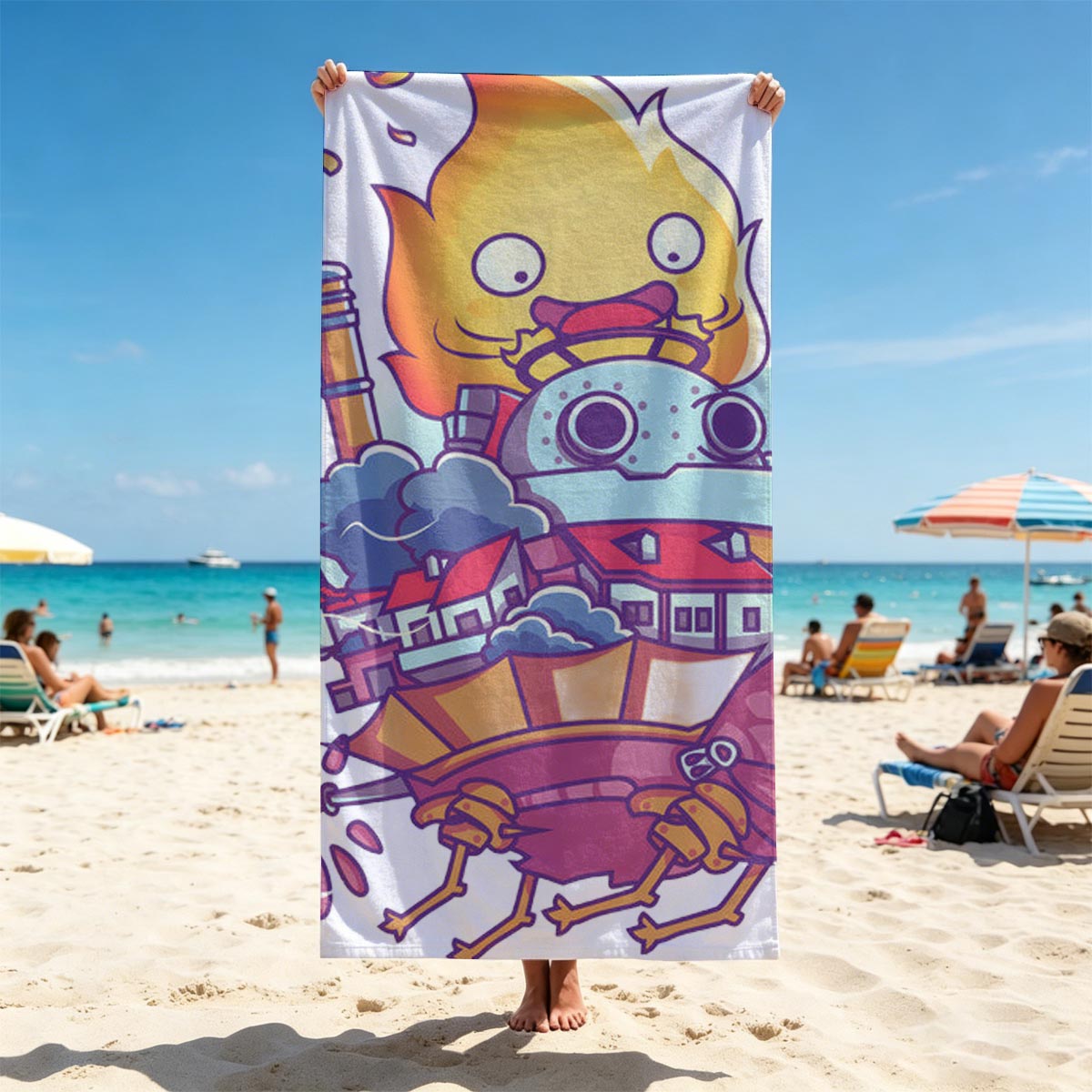 Flame-Powered Factory Crab with Industrial City on Back - Beach towels