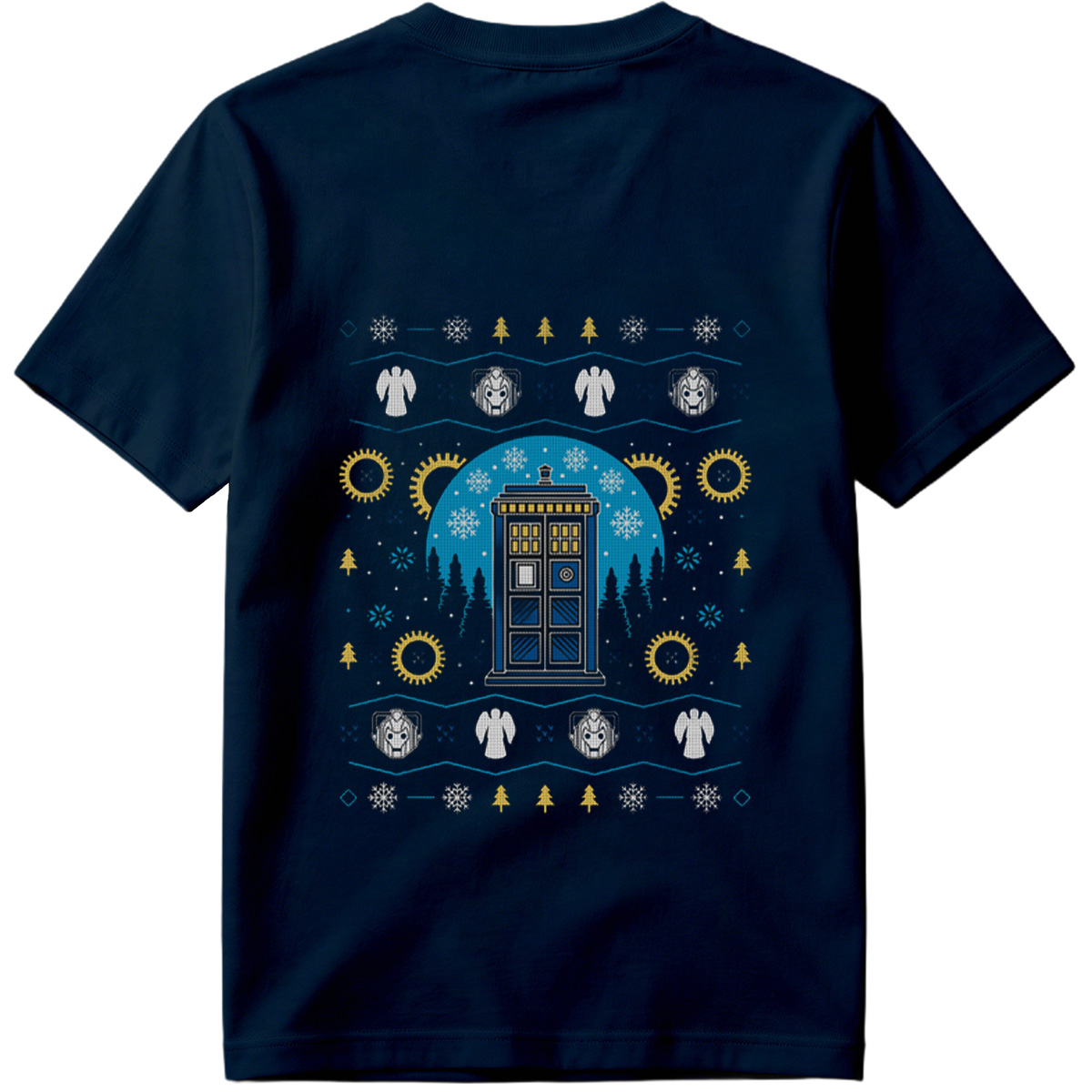 Doctor Who Christmas Sweater Design Featuring TARDIS, Weeping Angels, and Cybermen - Tee