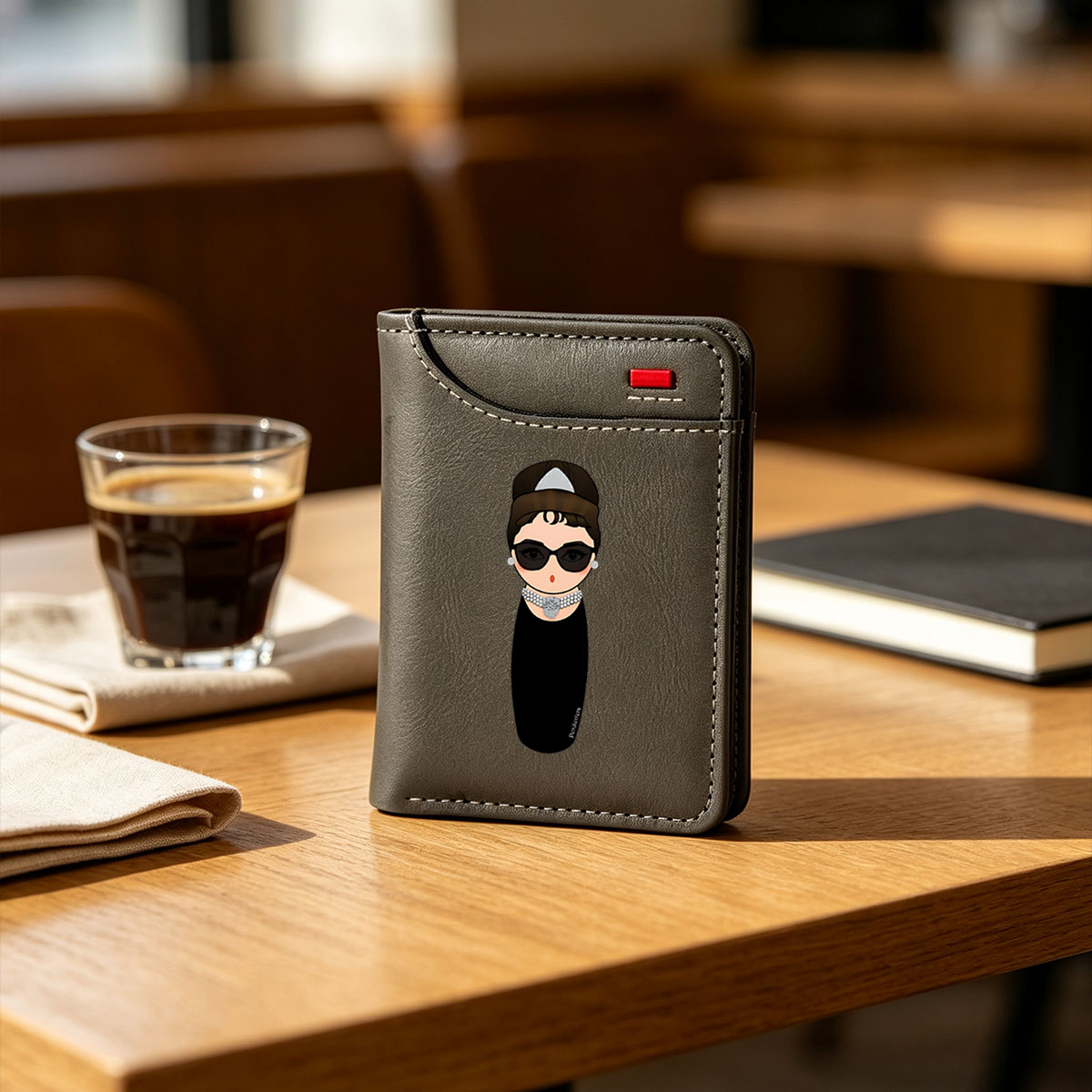 Audrey Hepburn Inspired Icon with Sunglasses and Pearl Necklace - Vertical Style Wallet