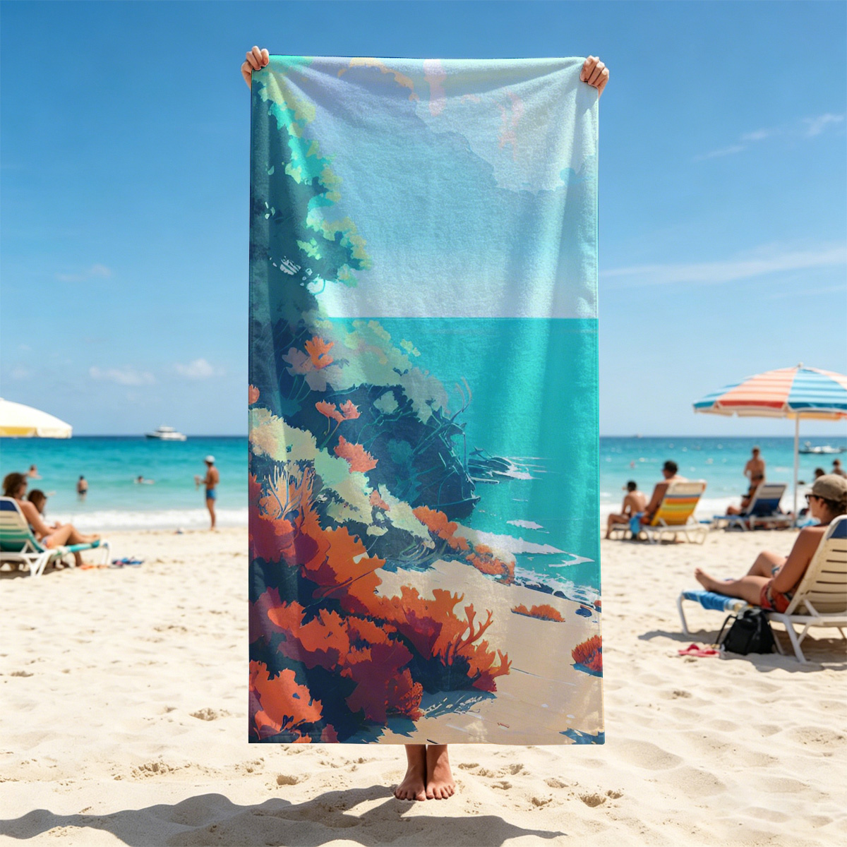 Colorful coastal landscape with vibrant flora and a distant ship on turquoise waters. - Beach towels