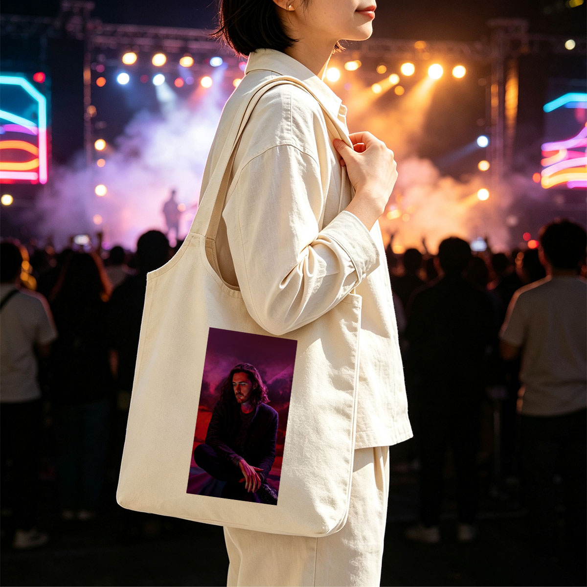 Hozier Sitting in a Dramatic Purple and Red Sky Scene - Canvas shoulder bags/