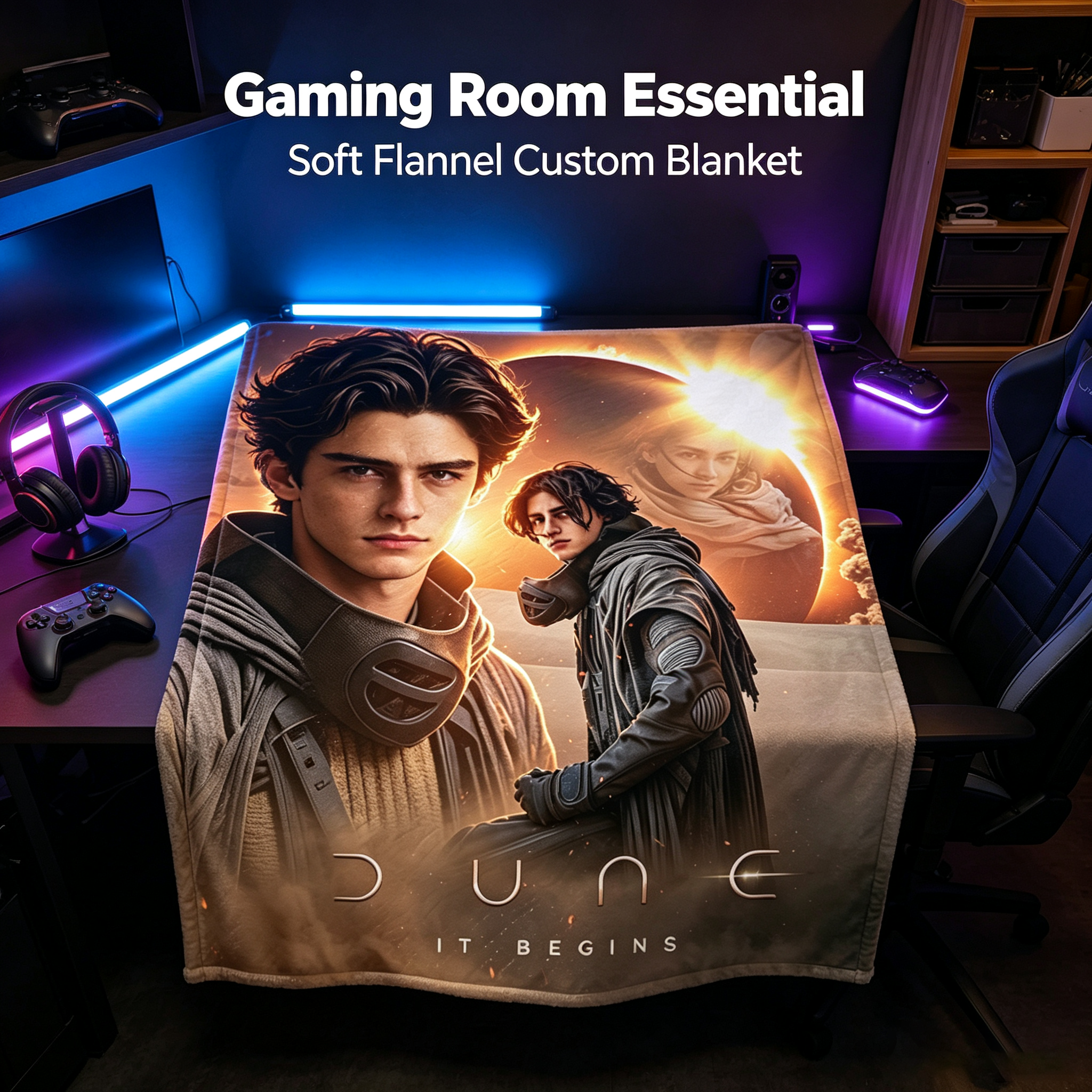 Custom Face Blanket Dune Movie Character Flannel Blanket for Home Decor and Cozy Nights – Perfect Gift or Giveaway for Fans