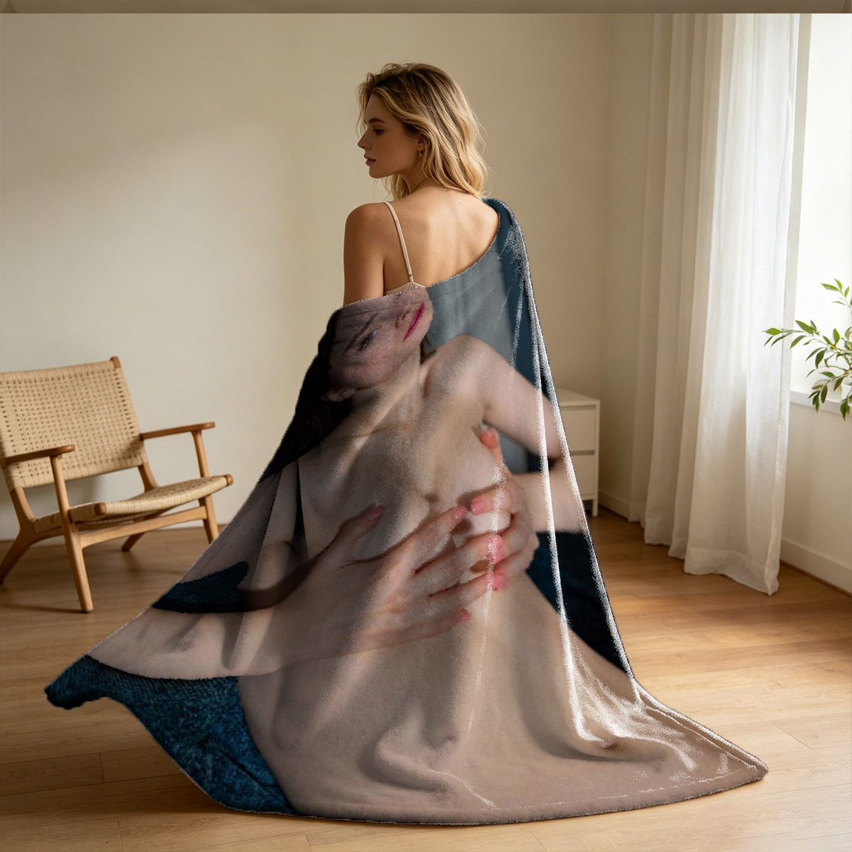 Nude Chinese Model Kneeling on Sofa in Luxury Apartment - Blanket