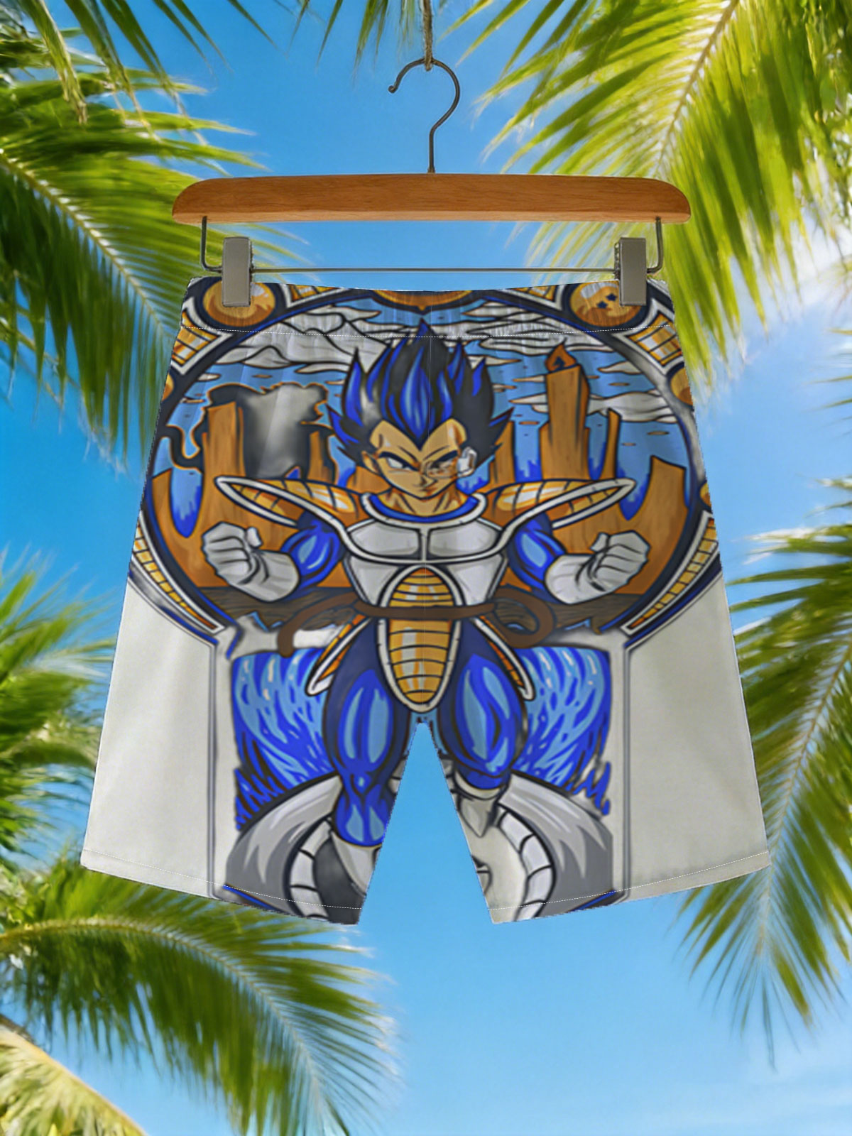 Vegeta in Super Saiyan Blue Form, Dragon Ball Z Character, Stained Glass Art Style -  Beach shorts