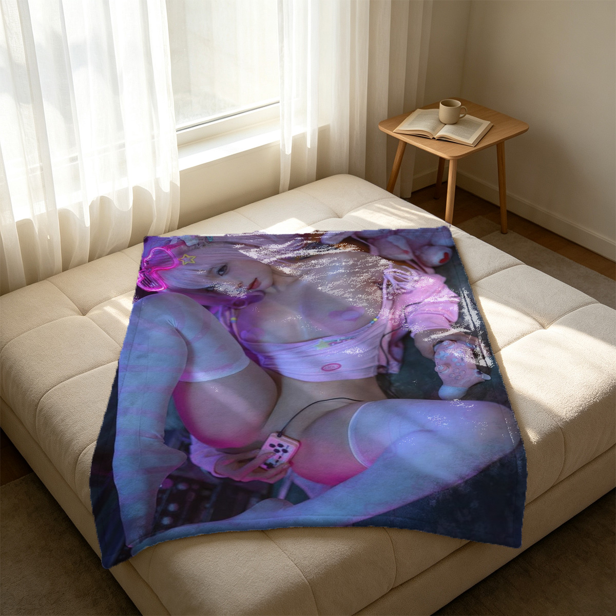 Neko Girl in Sailor Uniform Kneeling on Bed - Blanket