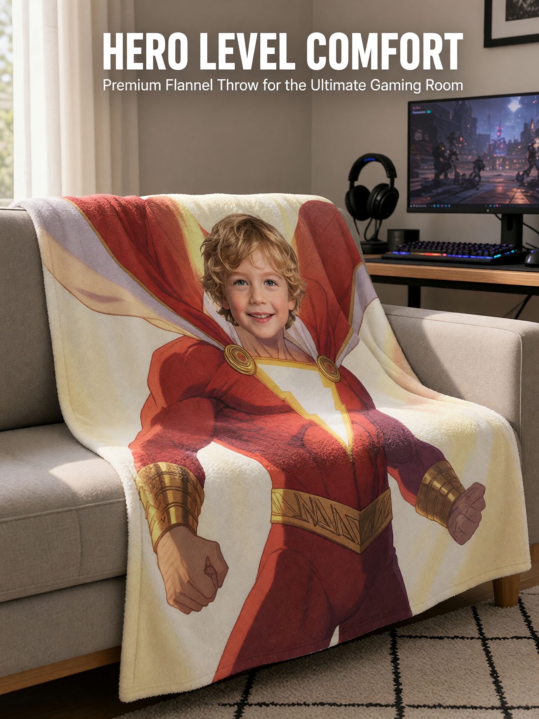 Custom Superhero Face Photo Blanket, Personalized Plush Flannel Throw Blanket for Kids, Ideal Cozy Keepsake Gift
