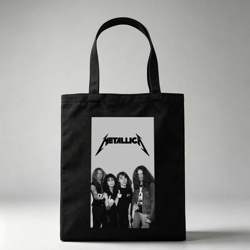 Metallica Band Members in Classic Black and White Portrait with Iconic Logo - Canvas tote bags