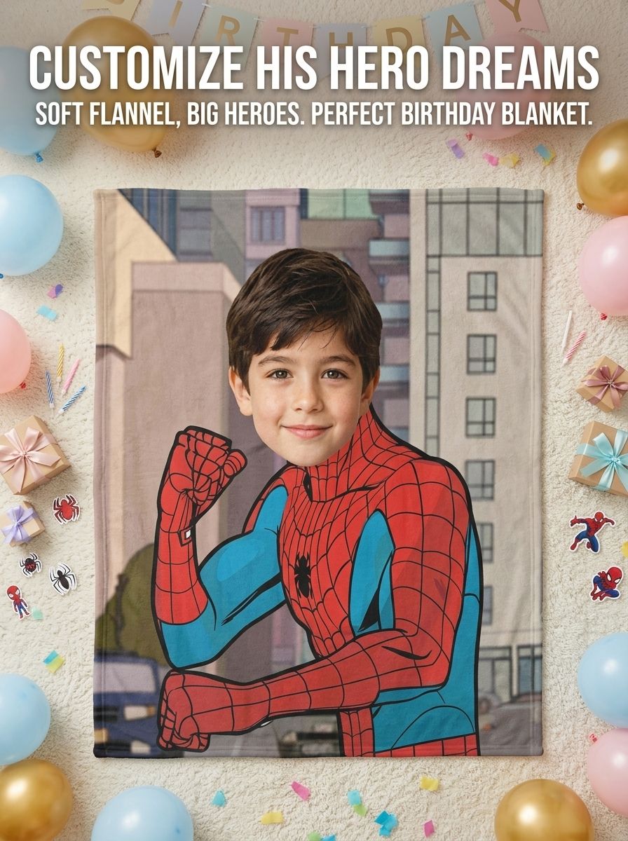 Custom Photo Face Blanket Superhero Flannel Throw Personalized Comic Portrait Fleece Bedding Gift for Kids and Family