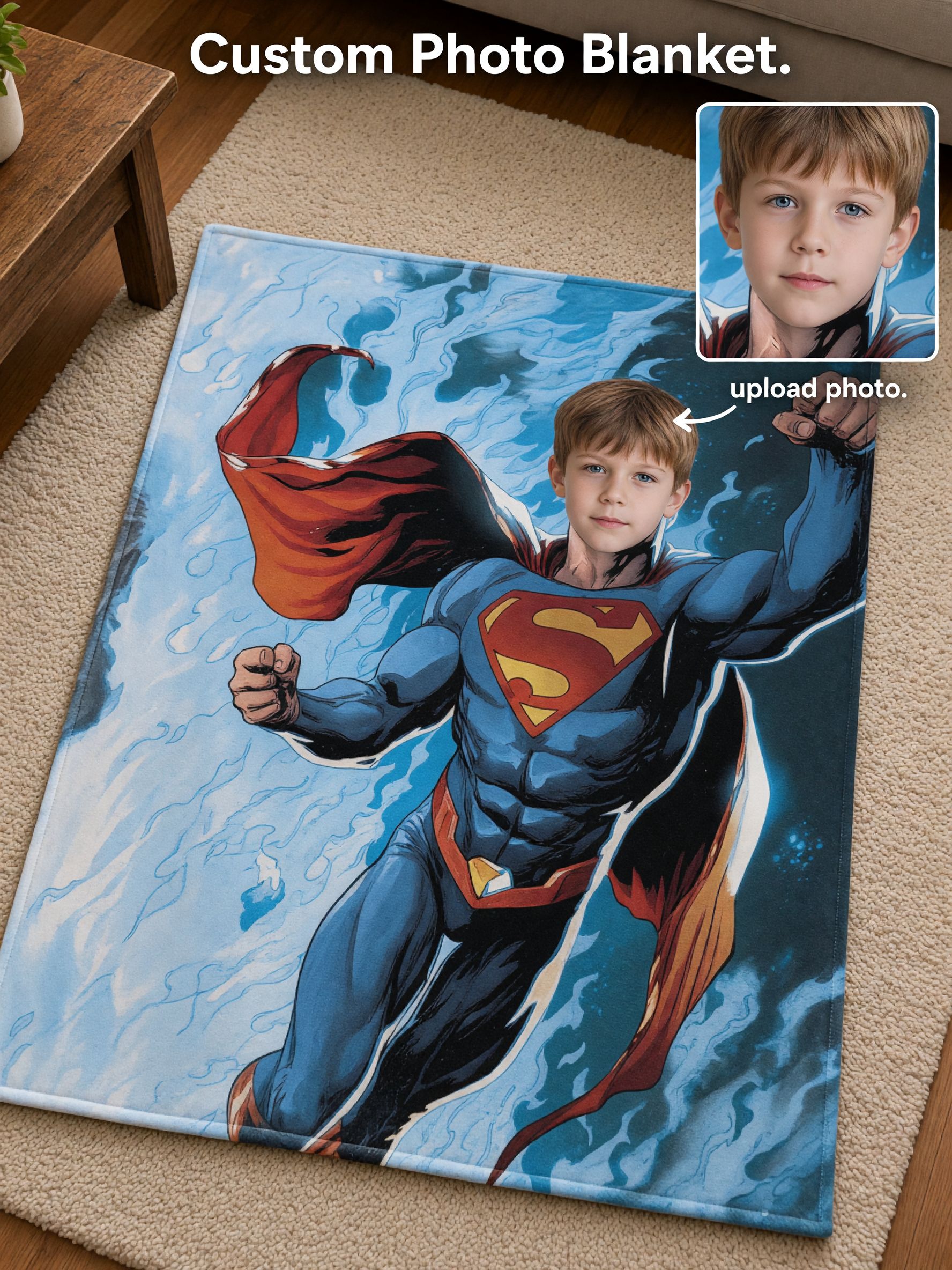 Custom Face Blanket Personalized Comic Superhero Photo Flannel Throw Ultra-Soft Warm Gift for Boys Kids and Family