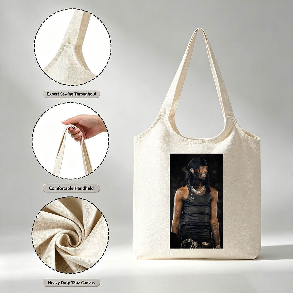 Lil Wayne on Stage Wearing Black Leather Tank Top and Headwrap with Visible Tattoos and Jewelry - Canvas shoulder bags/