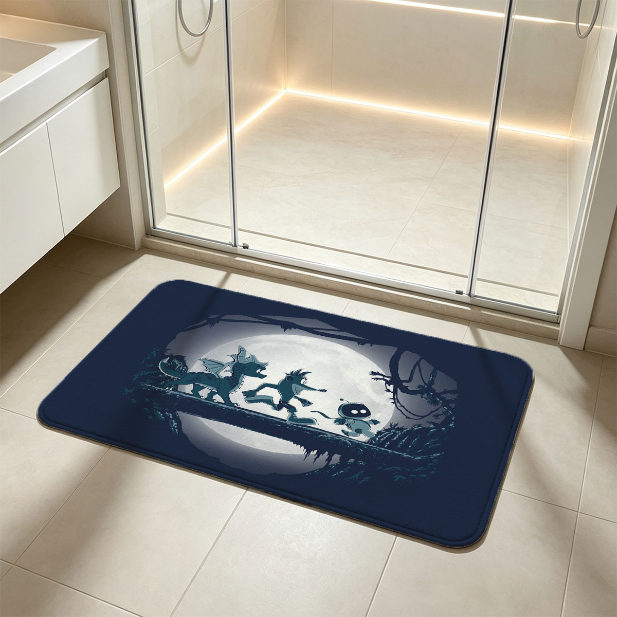 Night Run: Dragon, Wolf, and Robot Under Full Moon - Flannel floor mat