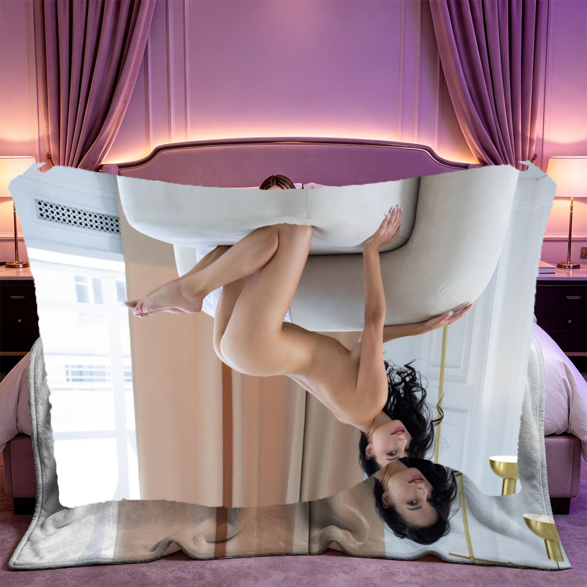 Nude Blonde Smiling on Wooden Chair by Window - Blanket