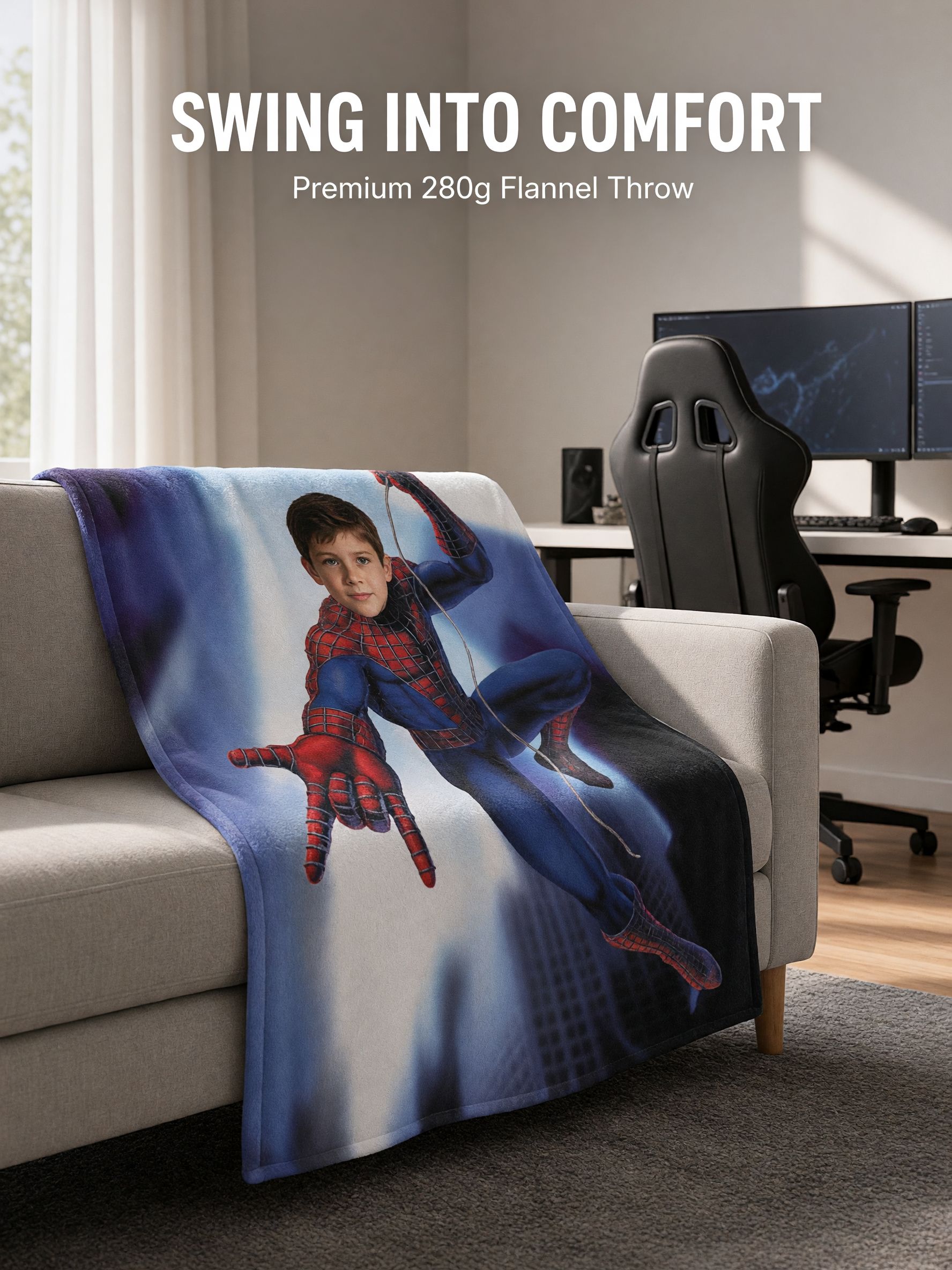 Personalized Superhero Photo Blanket Custom Face Flannel Fleece Throw Soft Cozy Warm Bedding Keepsake Gift for Kids