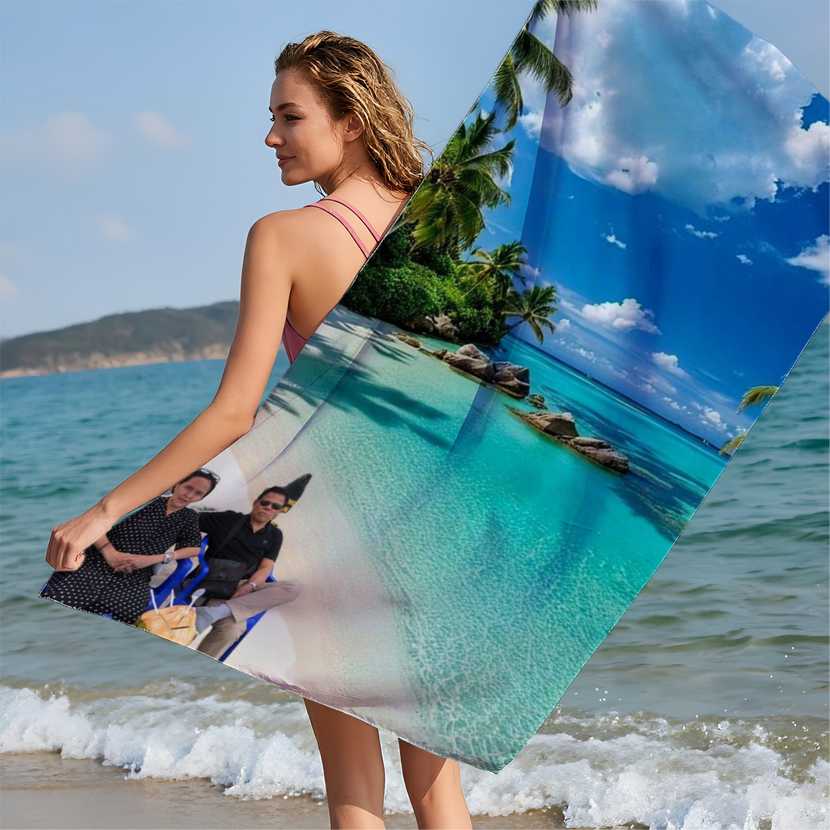 Couple relaxing on a tropical beach with turquoise waters and palm trees - Beach towels