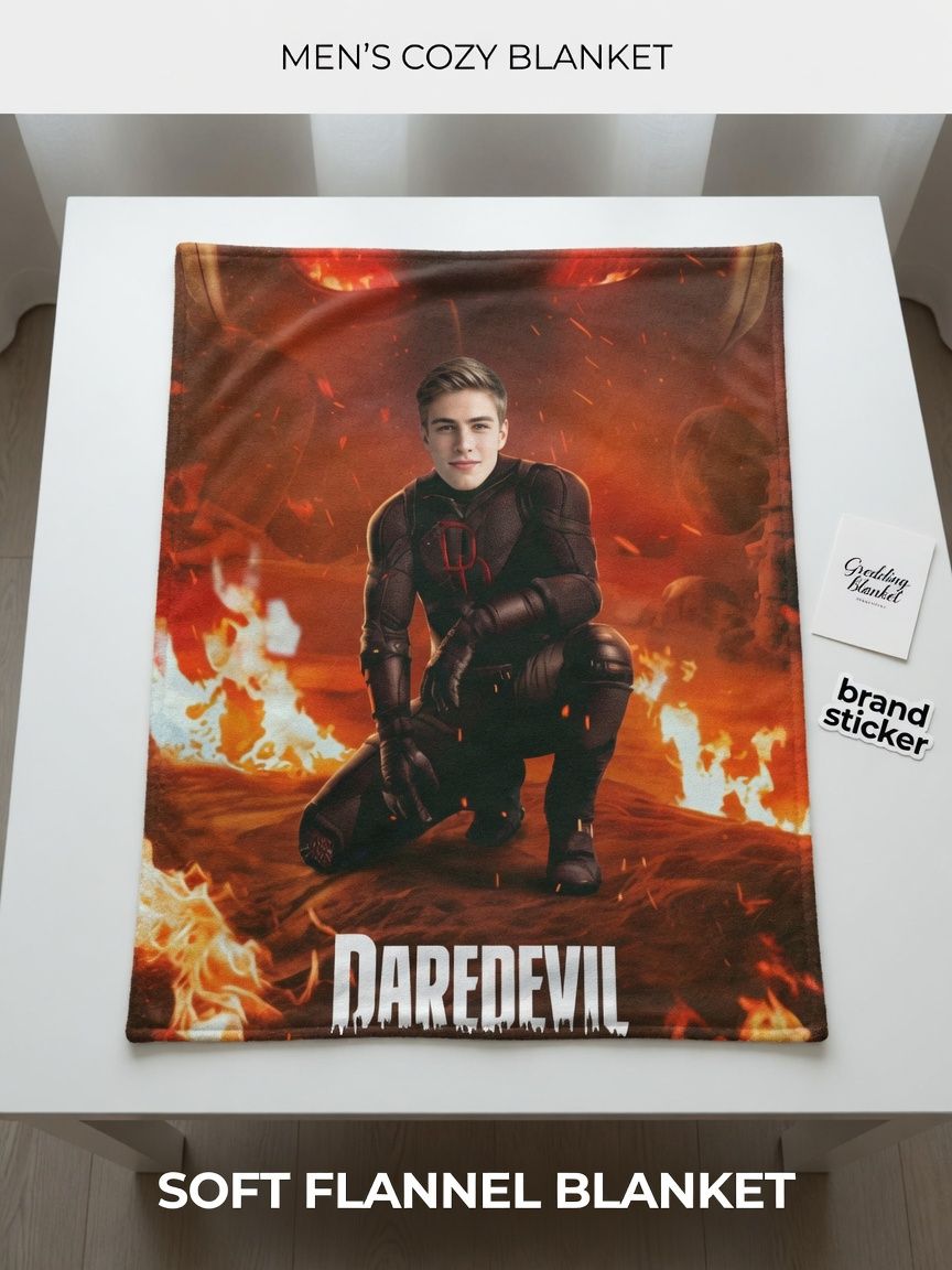 Custom Face Photo Flannel Blanket Personalized Superhero Flame Throw Blanket Soft Warm Keepsake Gift for Him and Her
