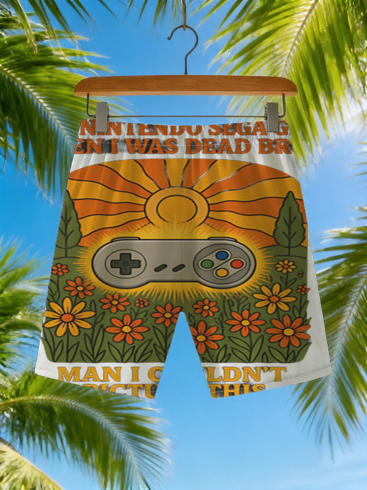 Super Nintendo Sega Genesis Controller in Sunflower Field: Nostalgic Gaming Memory -  Beach shorts