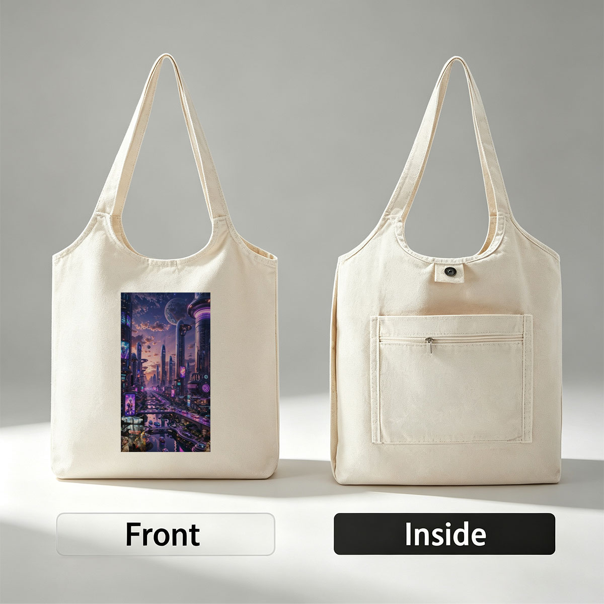 Taylor Swift in Futuristic Cityscape - Neon-Lit Metropolis with Hovering Cars and Giant Moon in the Sky - Canvas shoulder bags/