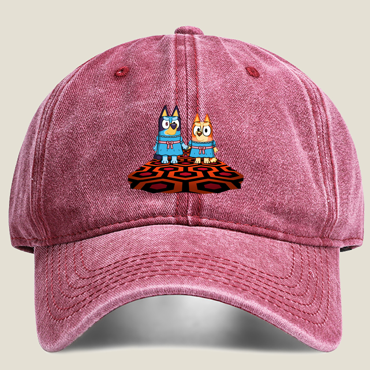 Bluey and Bingo in Matching Dresses on a Patterned Rug - Washed Denim - Baseball Cap
