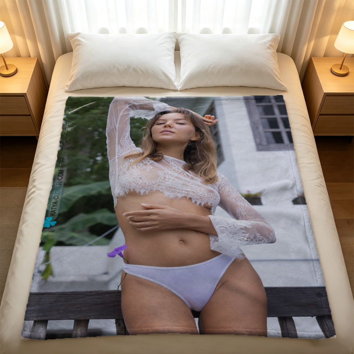 Beautiful Asian Woman in Off-Shoulder Sweater and Black Stockings Sitting on Sofa - Blanket
