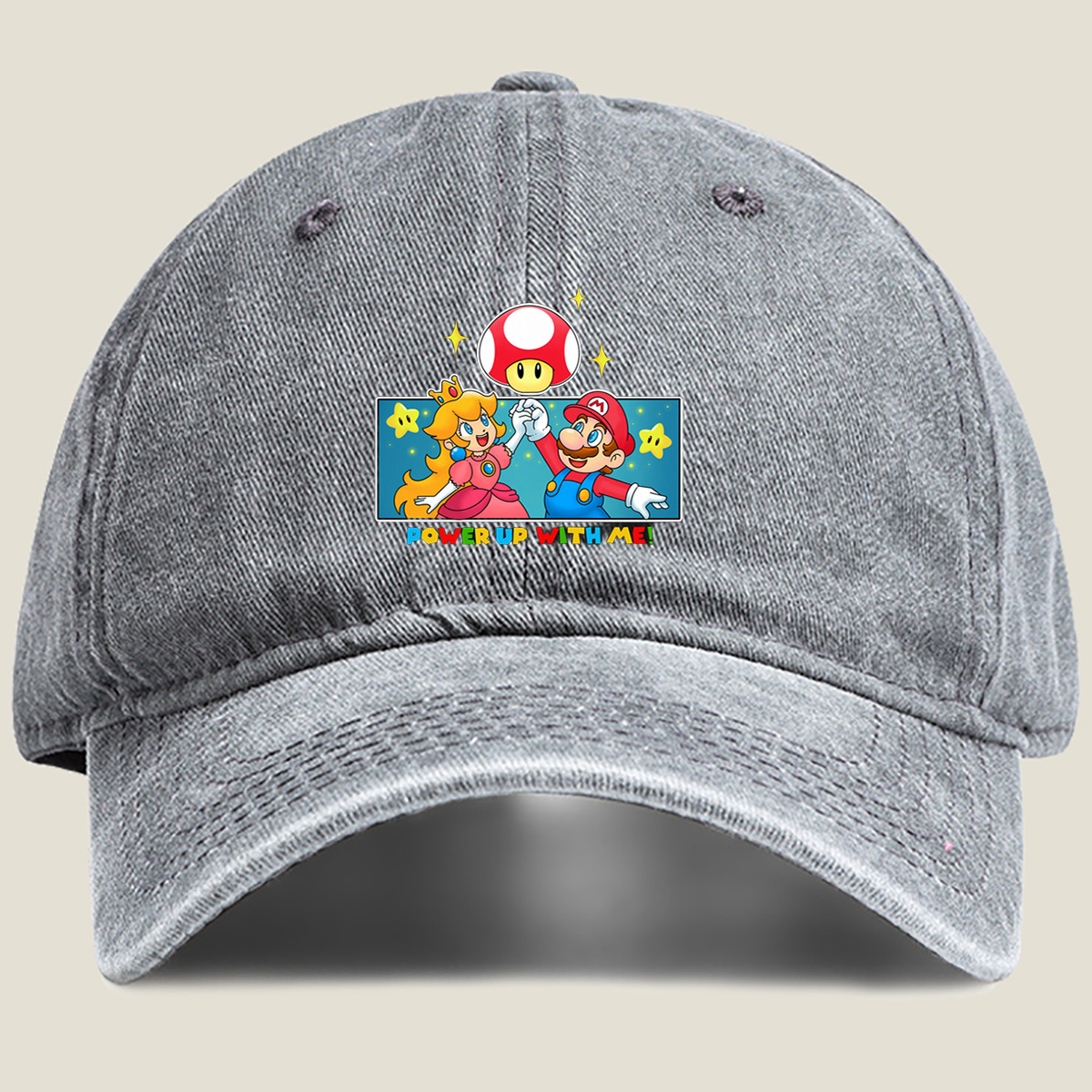 Super Mario: Mario and Peach Power Up with Toad! - Washed Denim - Baseball Cap