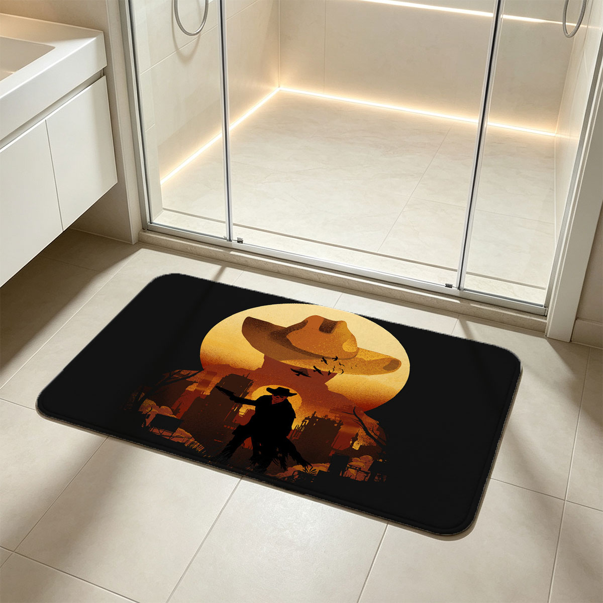 The Cowboy Silhouette Against a Moonlit Cityscape - Flannel floor mat