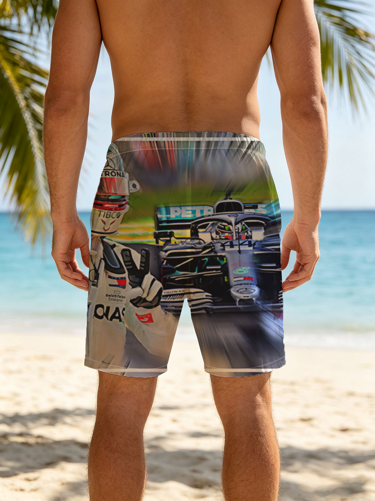 Lewis Hamilton, Mercedes F1 Driver, Celebrating Victory on Track -  Beach shorts