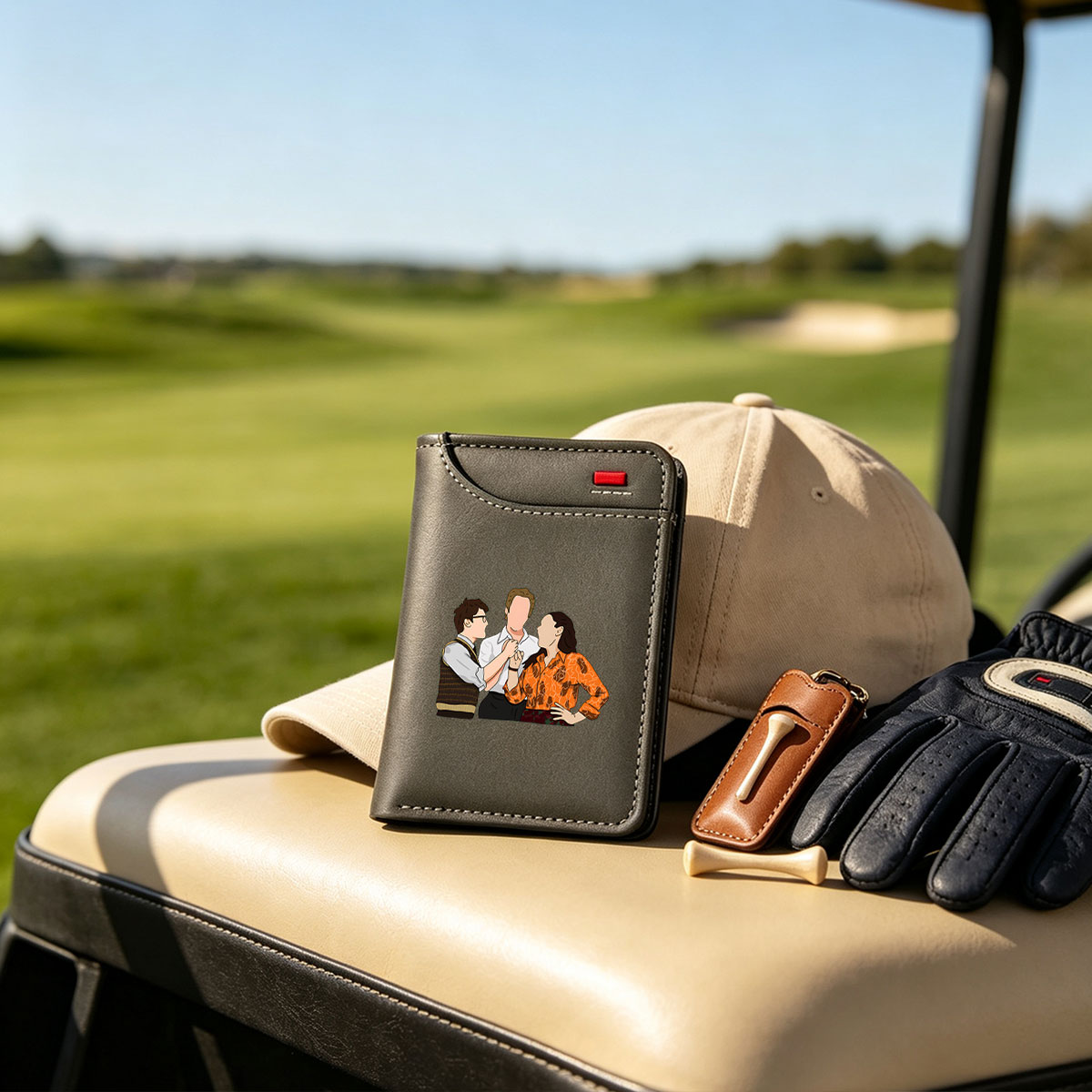 Three Characters in a Tense Interaction: Man in Vest, Central Figure, and Woman in Orange Shirt - Vertical Style Wallet