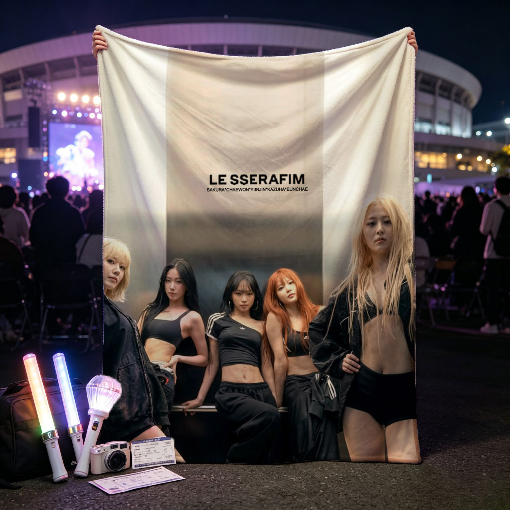 LE SSERAFIM Group Pose in Edgy Black Outfits Against Modern Wall Background - Blankets