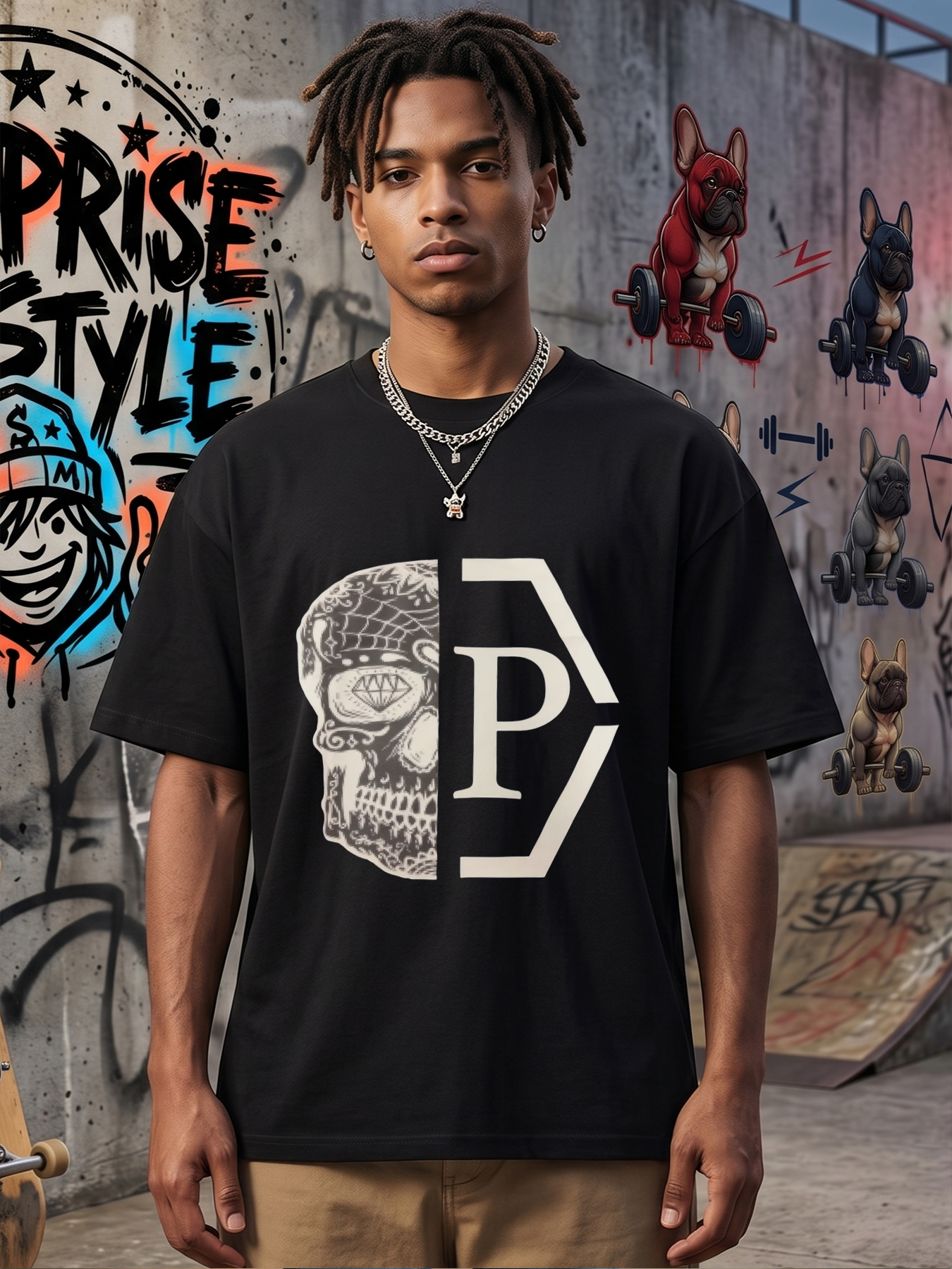 Men's Printed T-Shirt Skull Pattern with Geometric Letter P Design Casual Round Neck Summer Lightweight Breathable Short Sleeve T-Shirt for Urban Streetwear Fashion Lovers and Trendy Adults