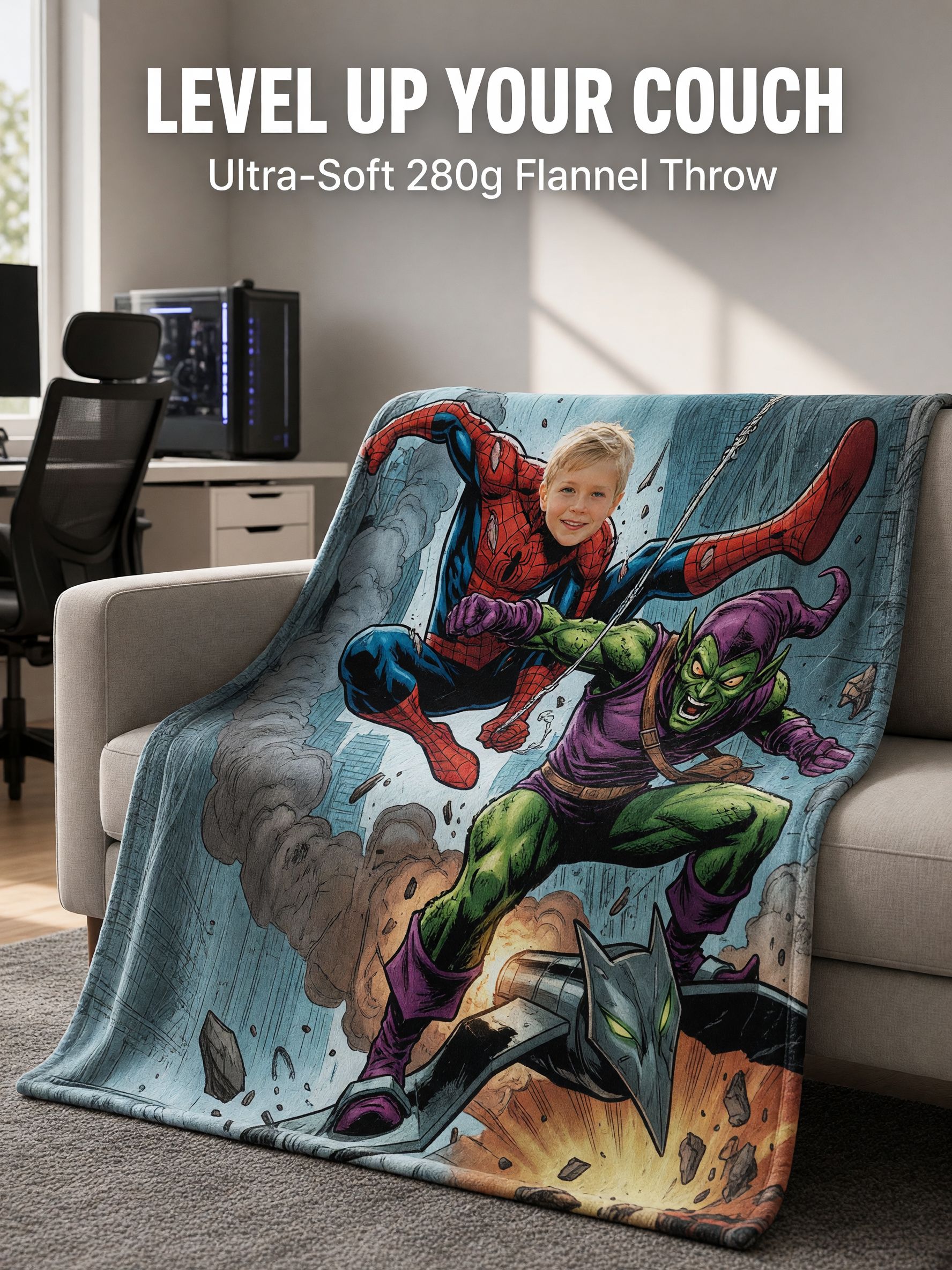 Custom Photo Face Superhero Blanket, Soft Flannel Fleece Throw, Ideal Personalized Gift for Kids and Comic Fans