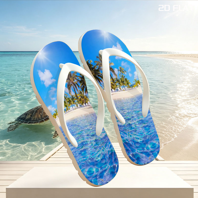 Sunny beach with palm trees and clear blue water -  flip-flops