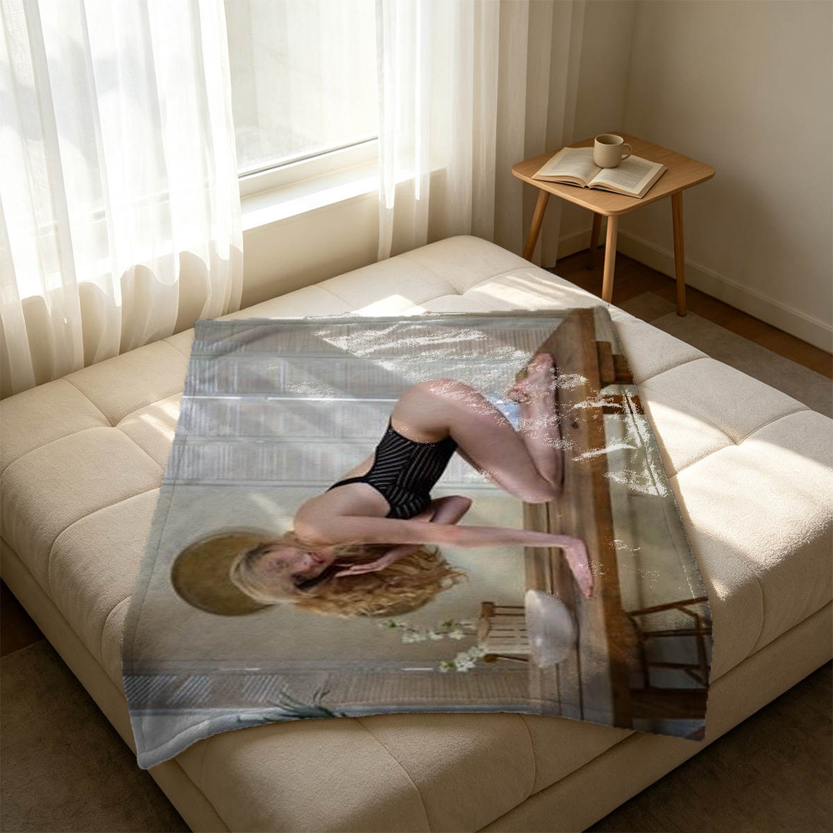 Kneeling in black lingerie on the bed, Anya Olsen. - Blanket