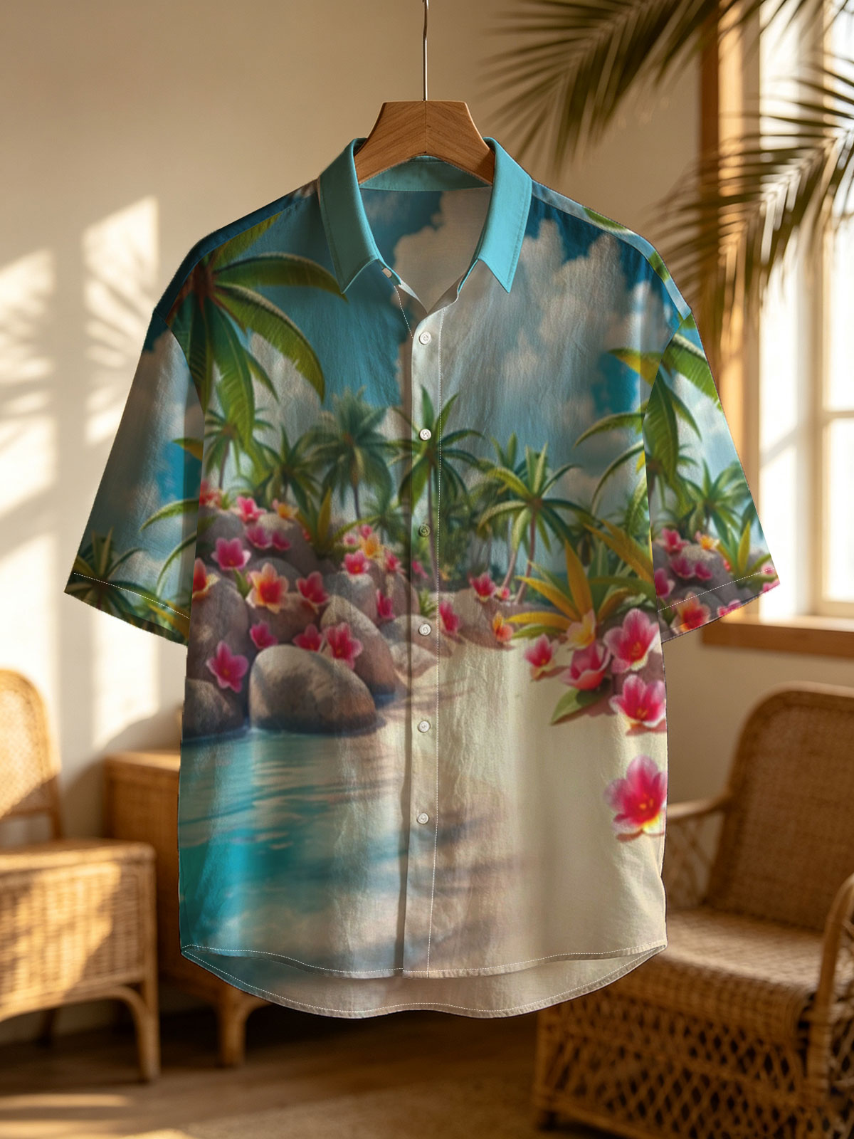 Tropical Beach with Palm Trees and Pink Flowers -  Shirt