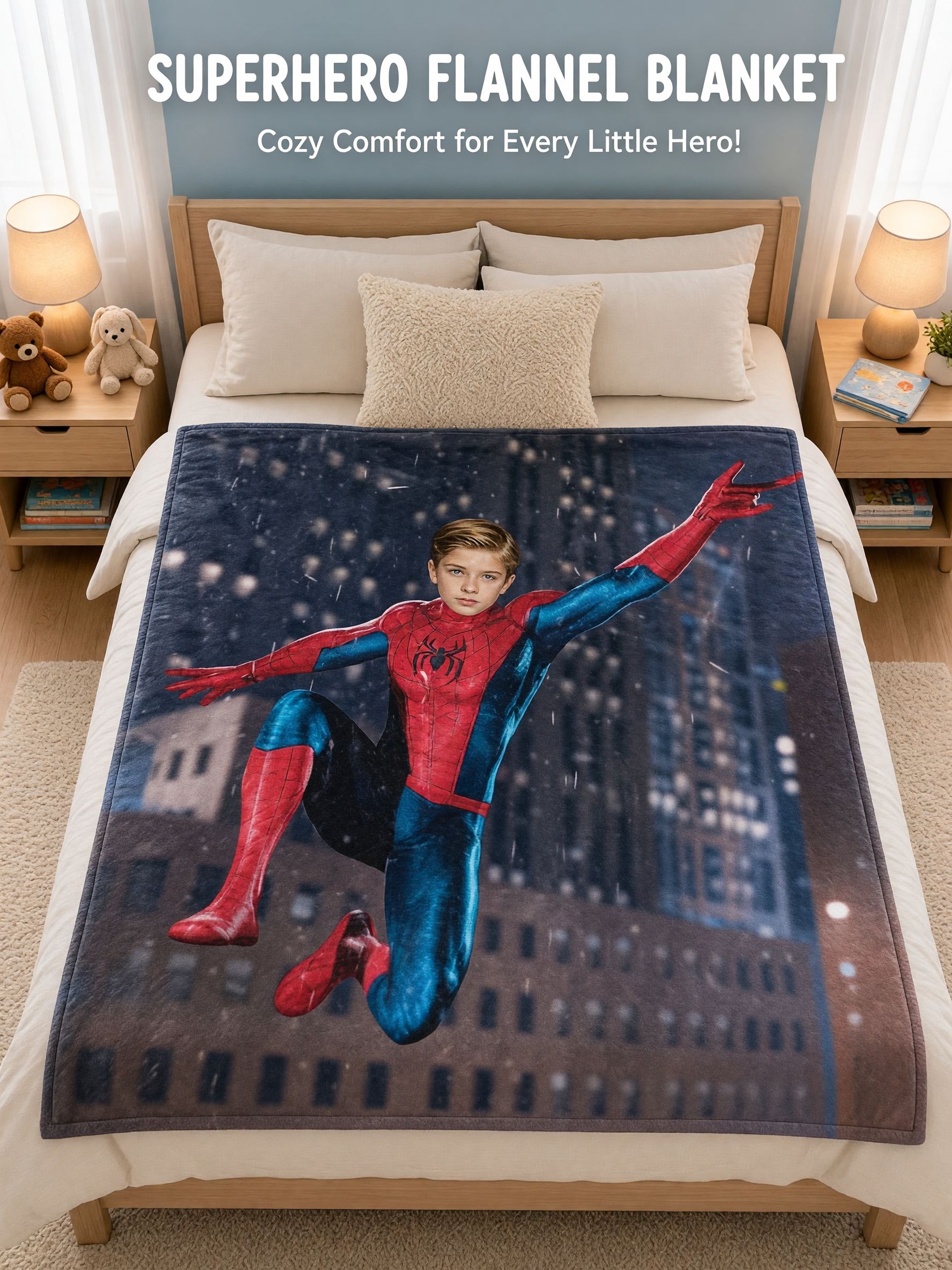 Custom Face Superhero Flannel Throw Blanket Ultra Soft Anti-Pilling Personalized Bed Gift