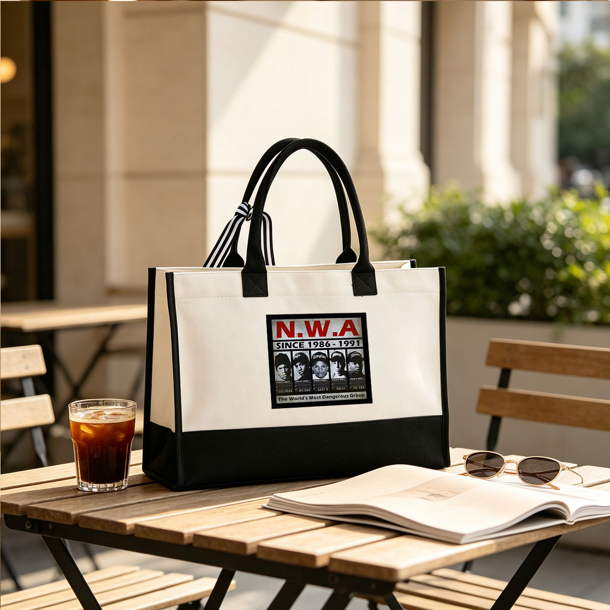N.W.A: Ice Cube, MC Ren, Eazy-E, Yella, Dr. Dre - The World's Most Dangerous Group (1986-1991) - Canvas patchwork gift tote bag