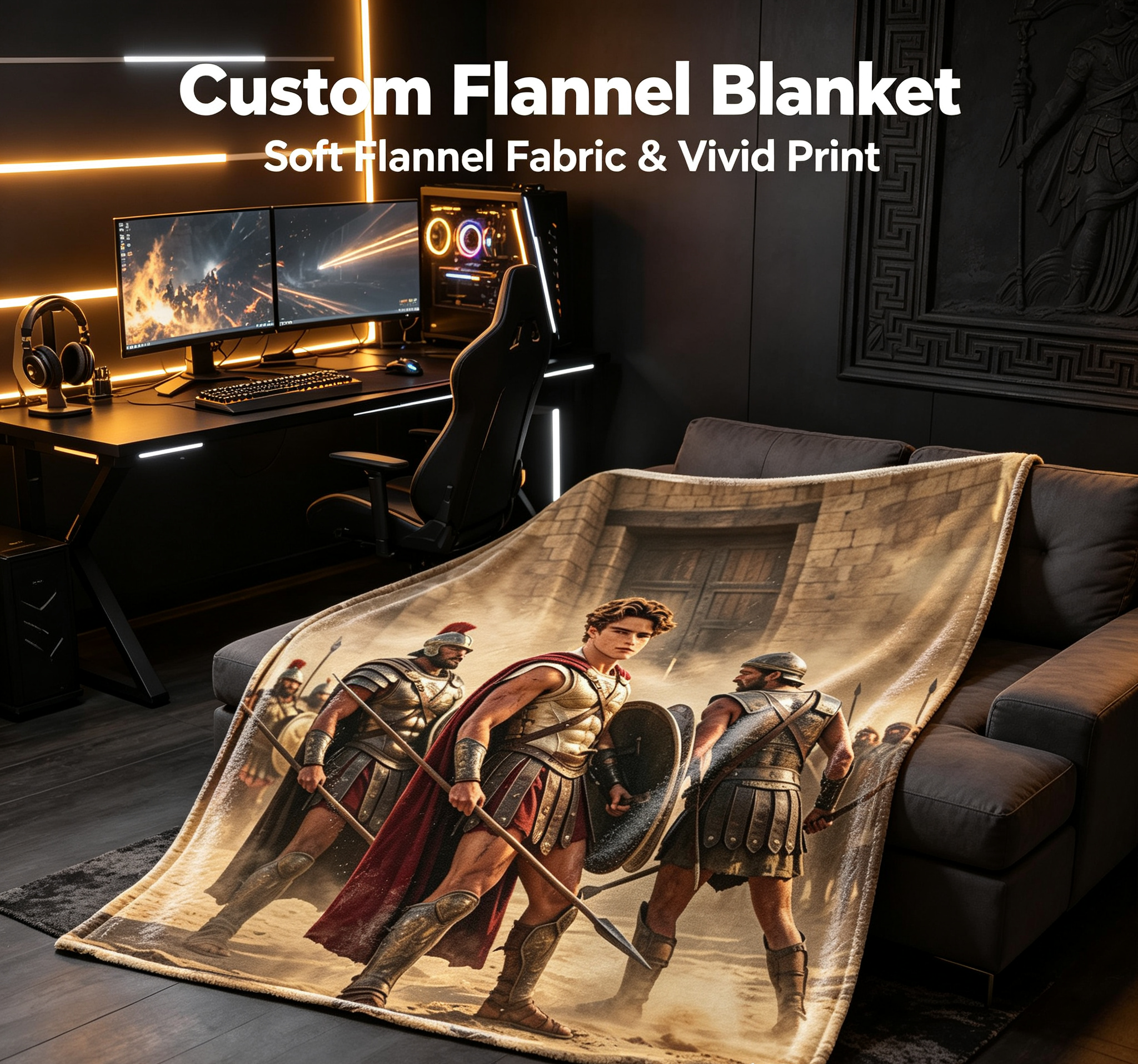 Custom Face Blanket Ancient Warrior Soldier Flannel Blanket for Couch, Bed, or Travel – Perfect Gift for History Enthusiasts and Fans of Epic Battles