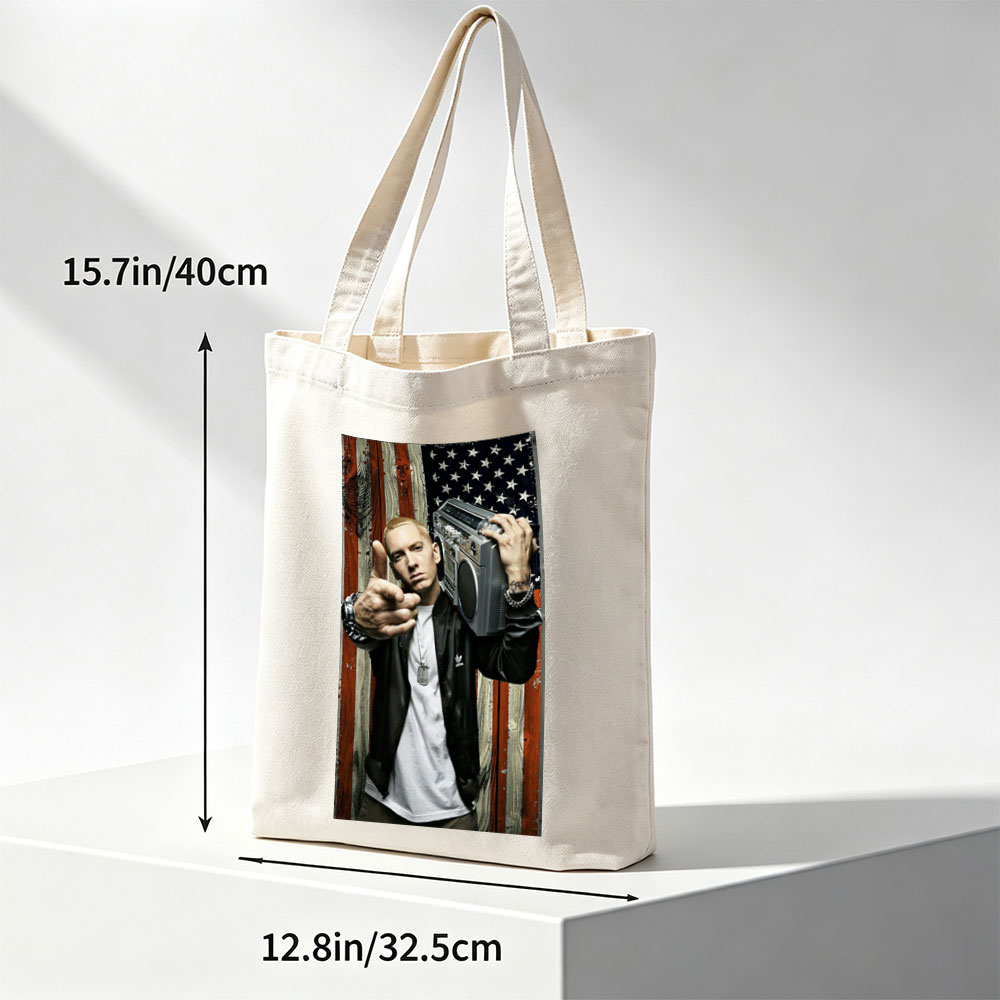 Eminem Holding Boombox Pointing at Camera Against American Flag Background - Canvas tote bags