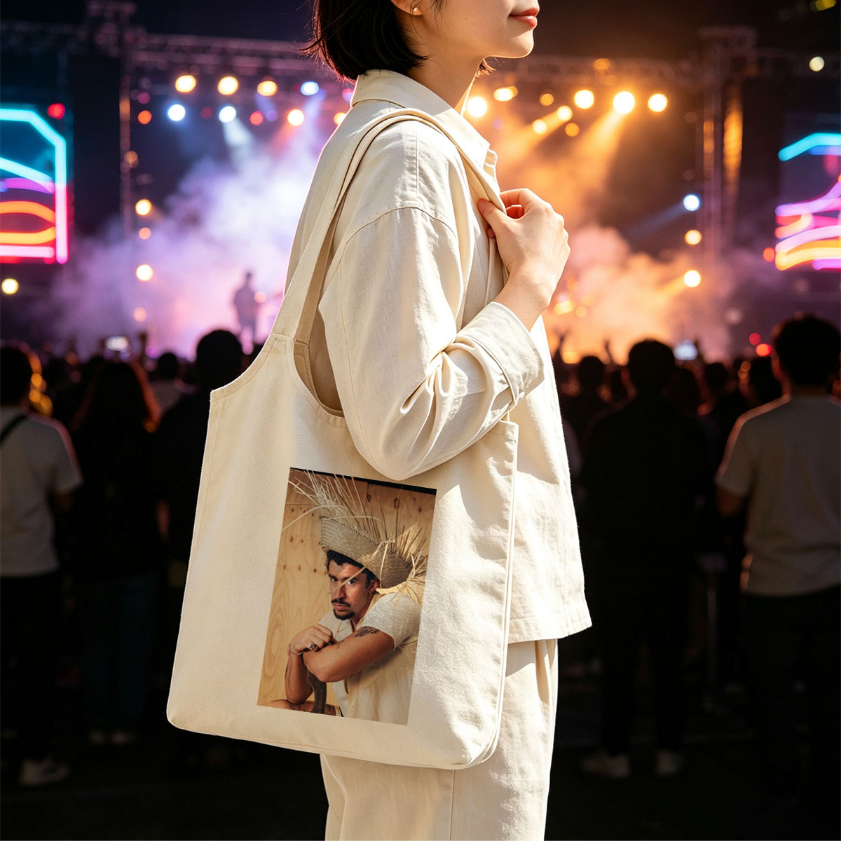 Bad Bunny Wearing a Straw Hat with Hay Sticks, Leaning Against a Wooden Wall in a Casual Pose - Canvas shoulder bags/