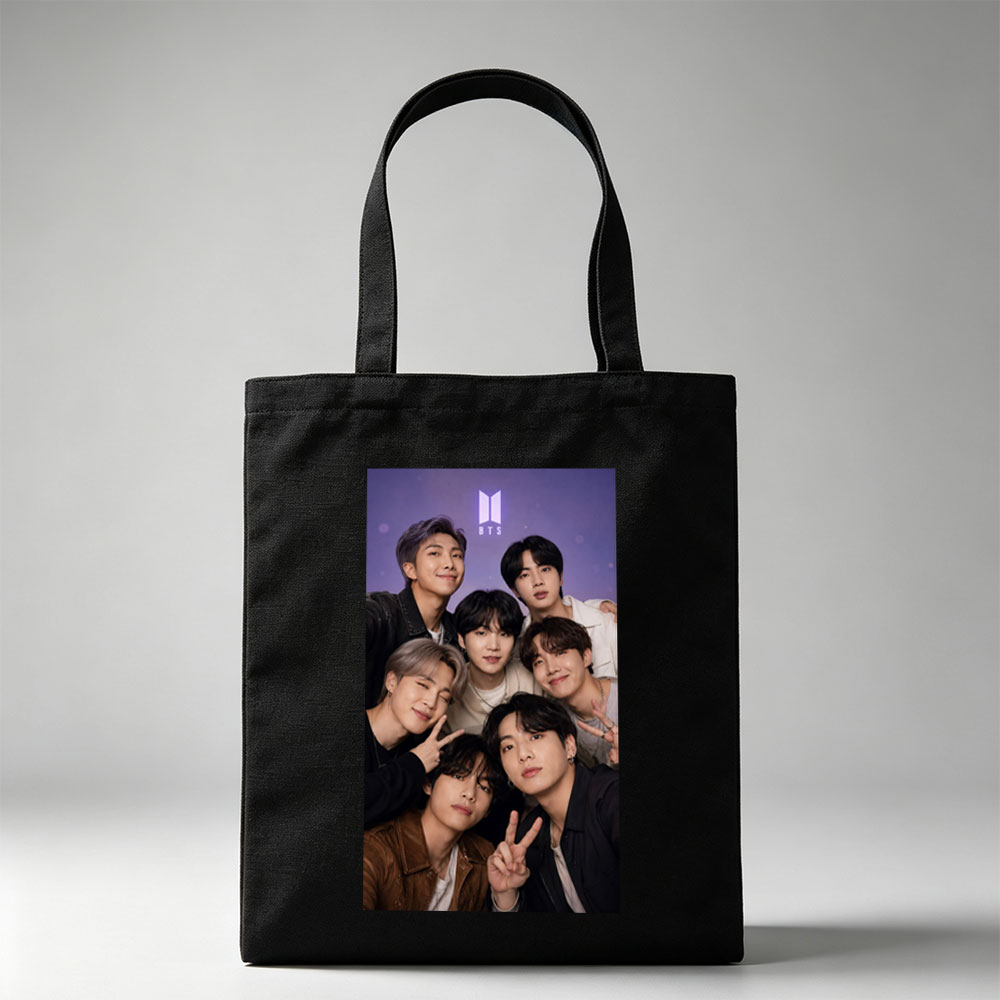 BTS Group Photo - Seven Members Posing Together with Peace Signs and Smiles Against Purple Background - Canvas tote bags