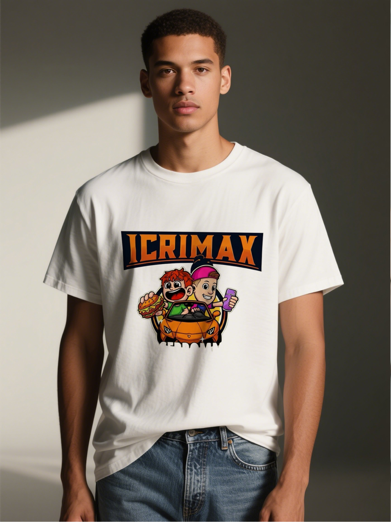 Men's ICRIMAX Cartoon Car Burger Print T-Shirt Casual Round Neck Summer Lightweight Breathable Short Sleeve Tee for Gaming Fans and Streetwear Enthusiasts