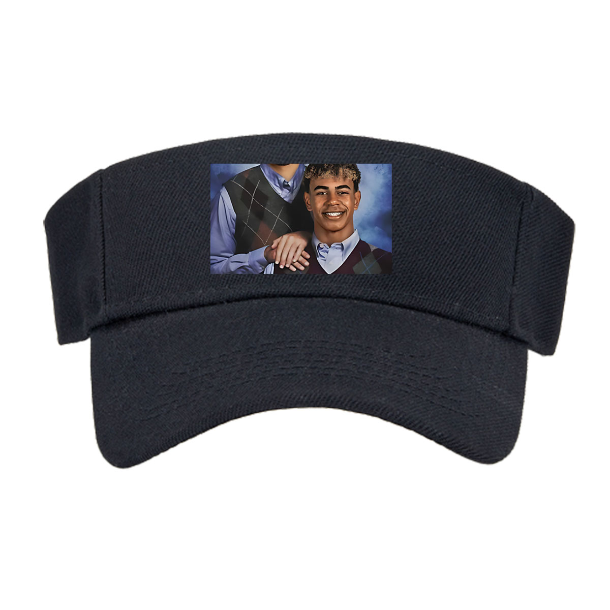 Two Men in Argyle Vests, One Smiling, One Serious, Blue Background -  Visor cap