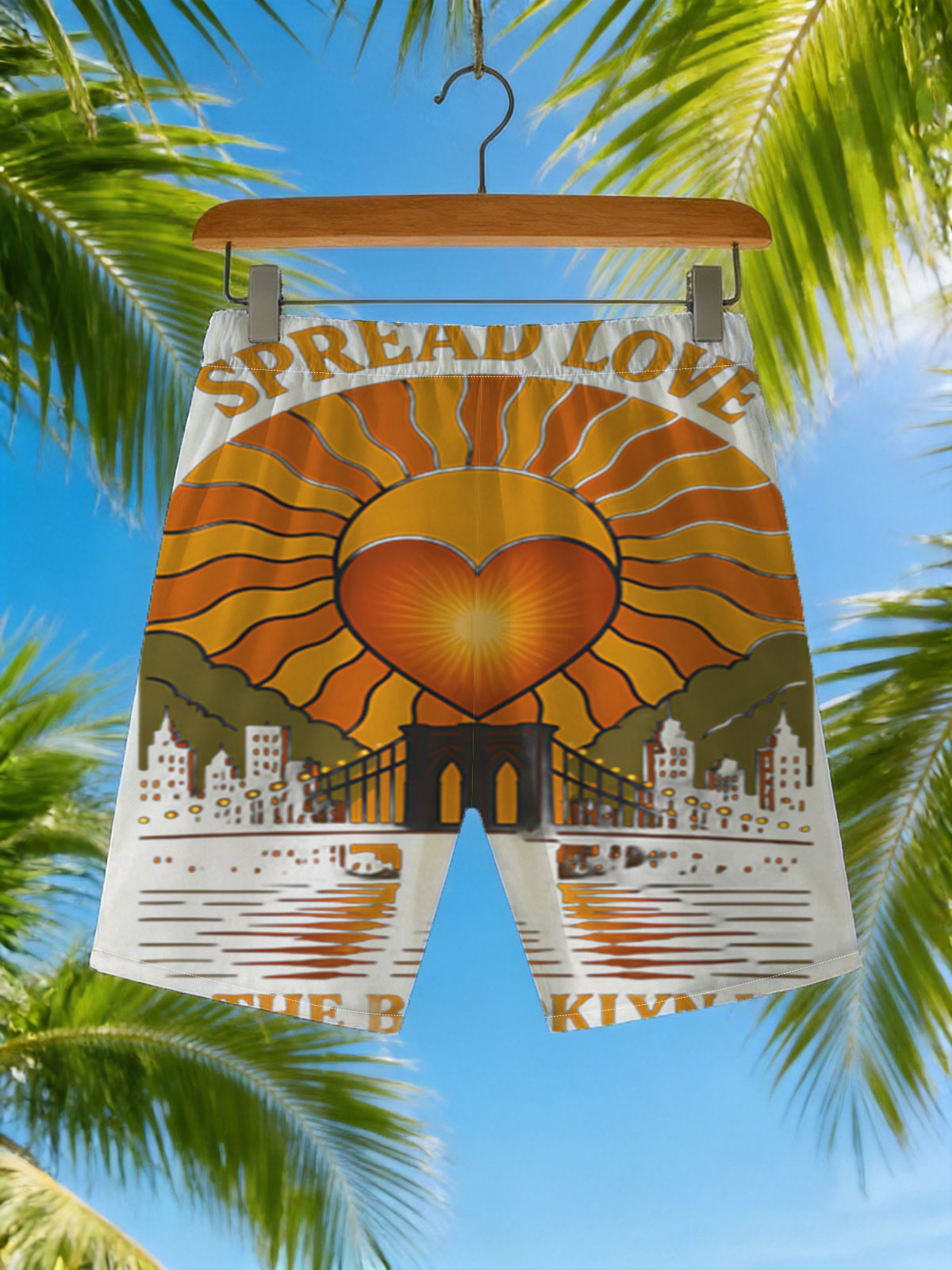 Spread Love: It's the Brooklyn Way - Heart Sun Over Bridge Cityscape -  Beach shorts
