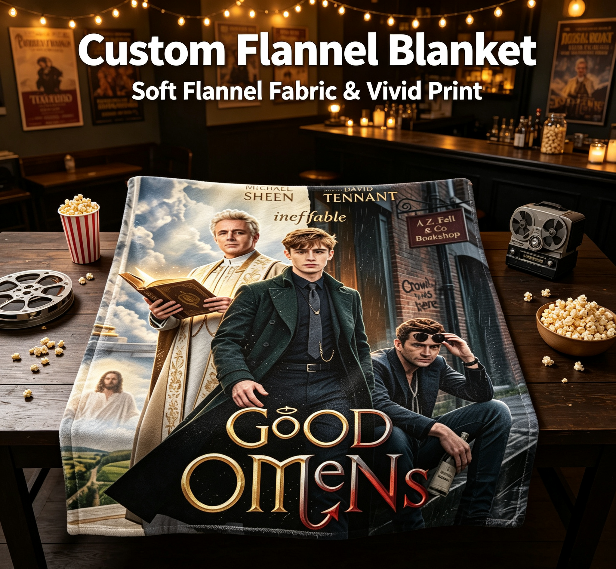 Custom Face Blanket Good Omens Michael Sheen David Tennant Flannel Blanket Fan Gift for TV Show Lovers Home Decor Present