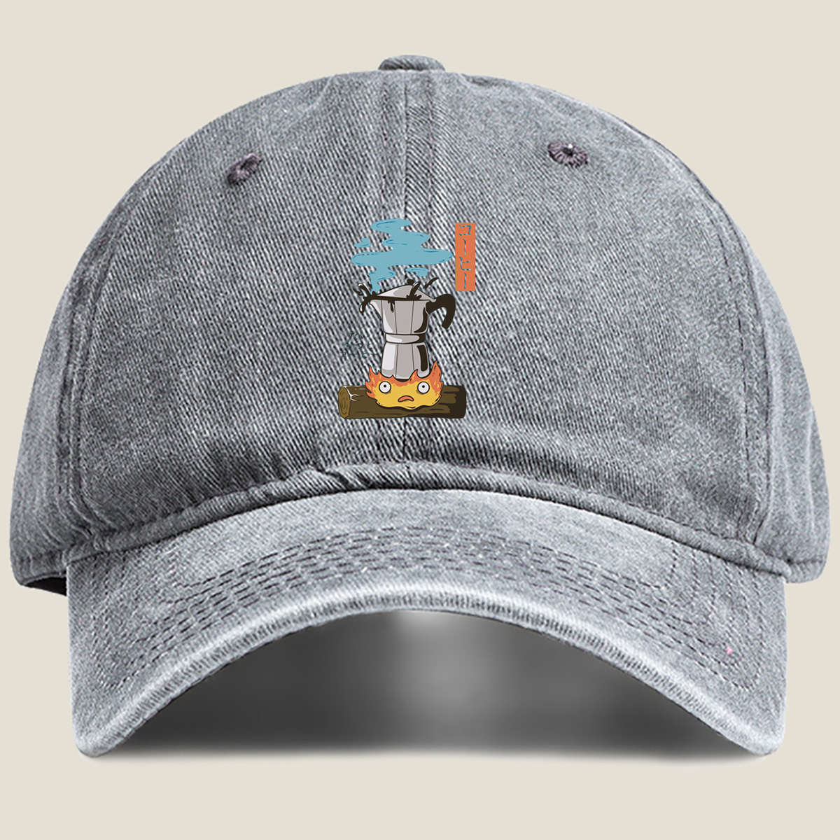 Coffee Pot and Flame Character - Washed Denim - Baseball Cap