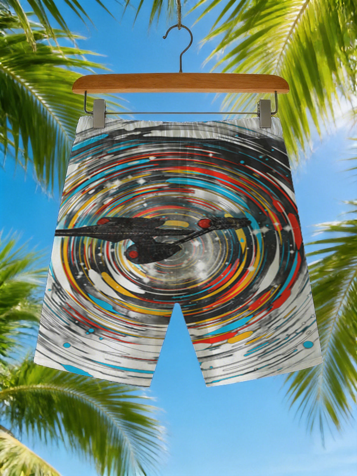 Star Trek Enterprise in Warp Speed Through Cosmic Vortex -  Beach shorts