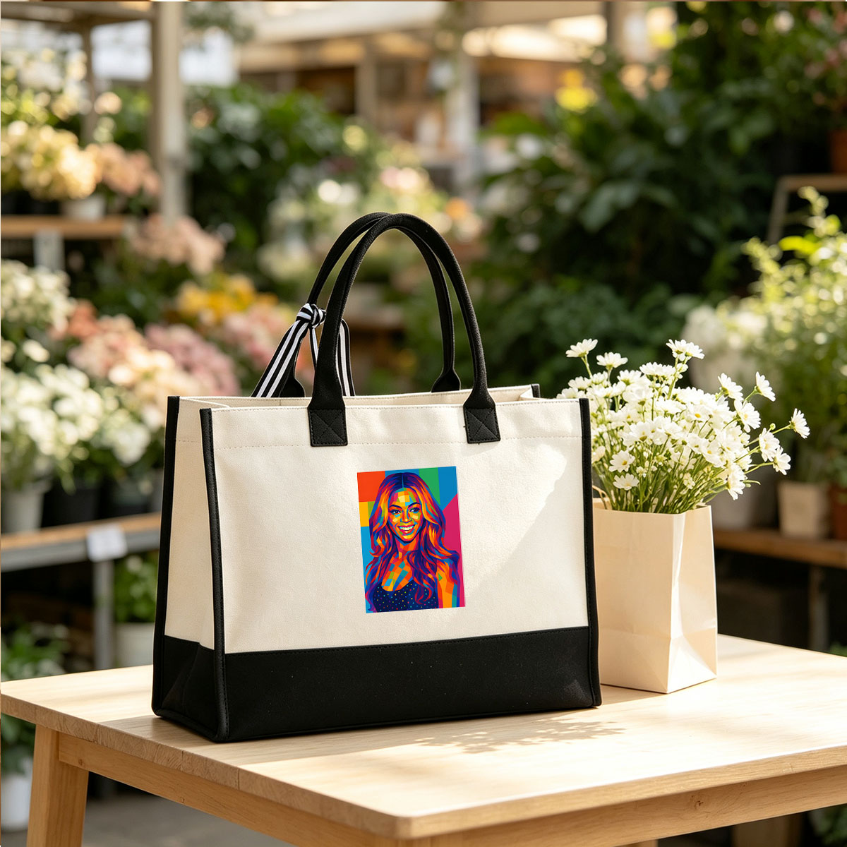 Colorful Portrait of a Smiling Woman with Vibrant Geometric Patterns - Canvas patchwork gift tote bag