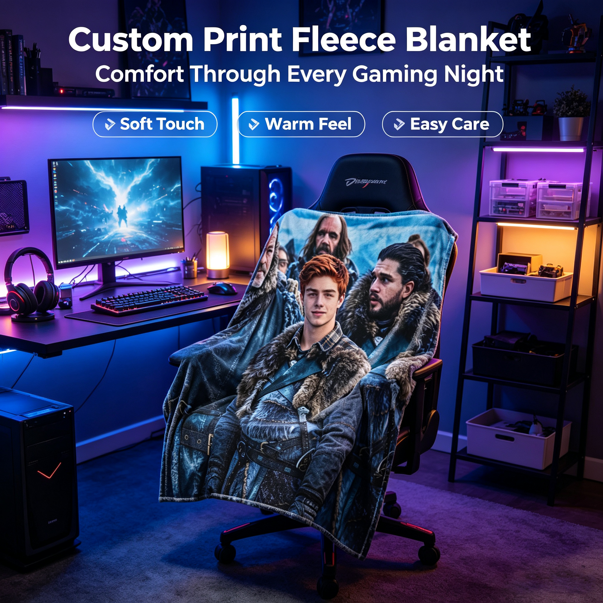 Custom Face Blanket Game of Thrones Jon Snow and Friends Flannel Blanket Cozy Winter Gift for Fans and Collectors