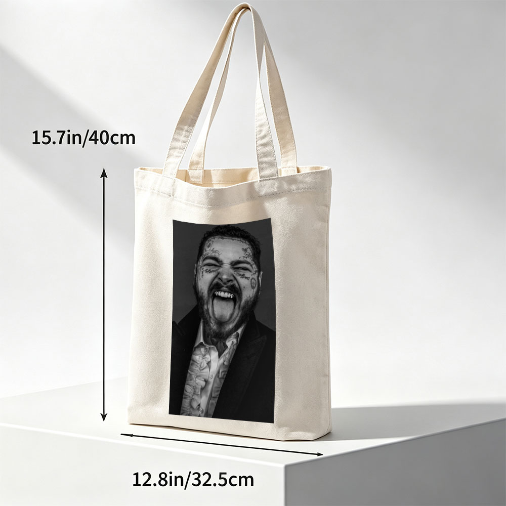 Post Malone Screaming in Black and White Portrait with Facial Tattoos and Suit - Canvas tote bags