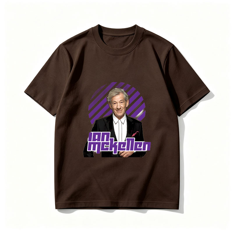 Ian McKellen in a formal suit with a purple and black striped background - Tee
