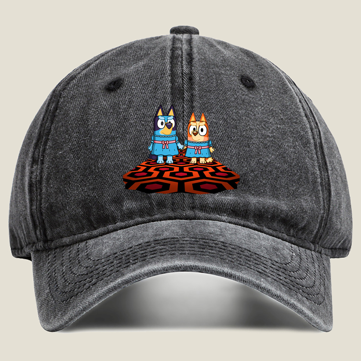 Bluey and Bingo in Matching Dresses on a Patterned Rug - Washed Denim - Baseball Cap